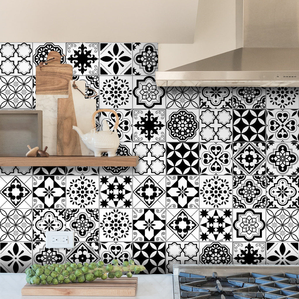 24pcs Black & White Tile Stickers – Waterproof Peel & Stick Home Decor