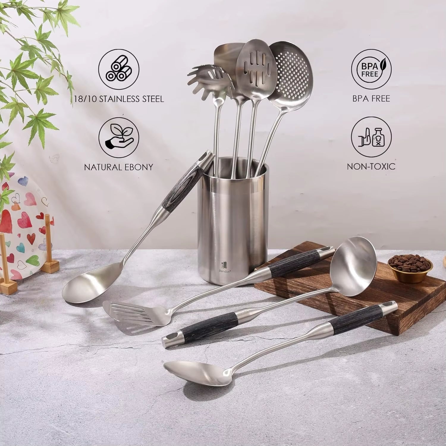 18/10 Stainless Steel Kitchen Utensils Set with Wooden Handle, 8Pcs 15” Long Cooking Utensil Set & Kitchen Gadgets Cookware Set