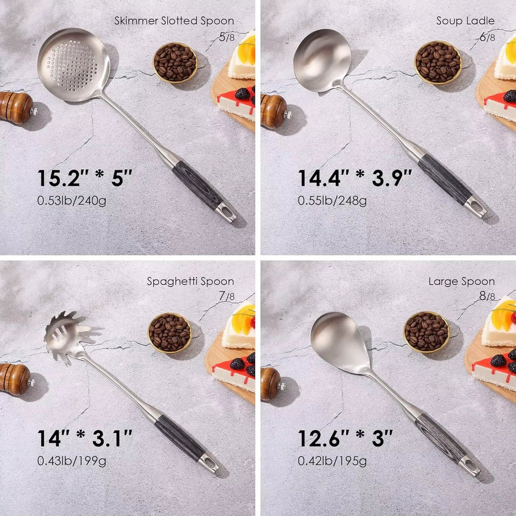 18/10 Stainless Steel Kitchen Utensils Set with Wooden Handle, 8Pcs 15” Long Cooking Utensil Set & Kitchen Gadgets Cookware Set
